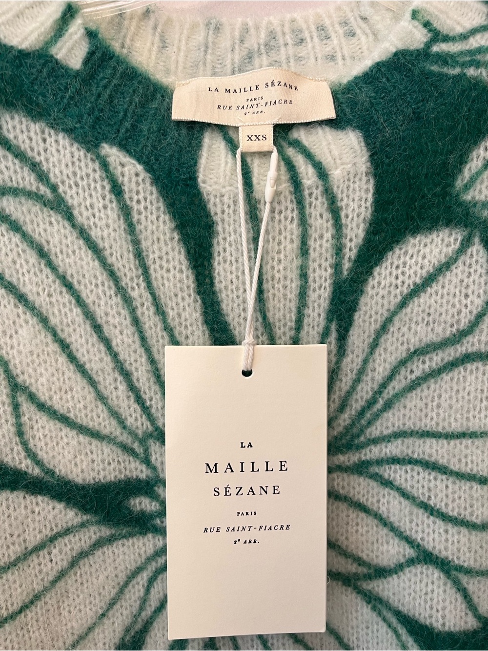 NWT Sezane Forest Green Cream Floral Mohair Wool Sweater Size XXS